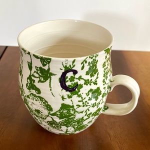 Anthropologie initial “C” ceramic mug, coffee, tea, white with green pattern